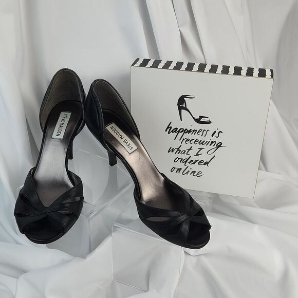 🐞Steve Madden Black "Escape" Open Toe Leather Heels Size 8 - Picture 3 of 11